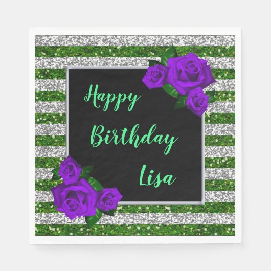 Serviette En Papier Parties scintillant verte en argent rayures violet (Devant)