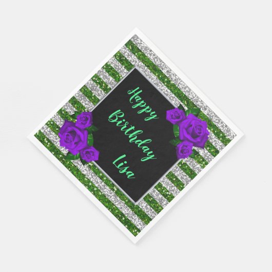 Serviette En Papier Parties scintillant verte en argent rayures violet (Coin)
