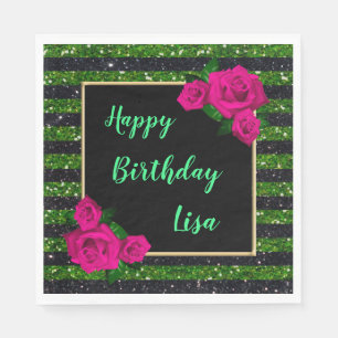 Serviette En Papier Parties scintillant verte noire rayures rose roses