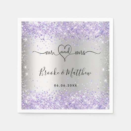 Serviette En Papier Parties scintillant violet argenté m. mrs mariage  (Devant)