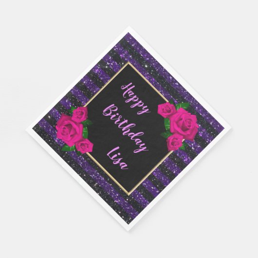 Serviette En Papier Parties scintillant violet noir rayures rose roses (Coin)