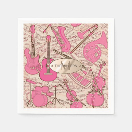 Serviette En Papier Partition et instruments de musique rose/ivoire ID (Devant)