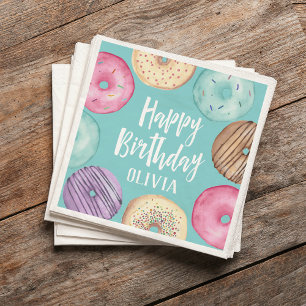 Serviette En Papier Pastel Aquarelle Donut Personnalisé Anniversaire