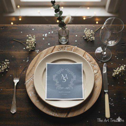 Serviette En Papier Pastel Blue Floral Crest Frame Elegant