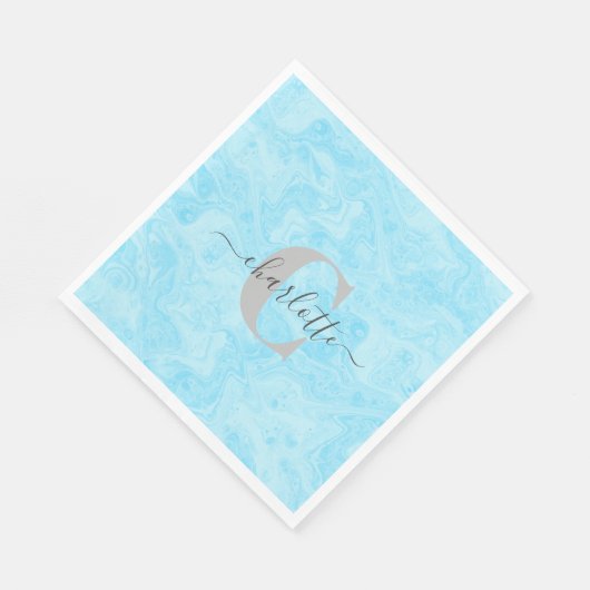 Serviette En Papier Pastel Blue Marble Custom Monogramme Nom (Coin)