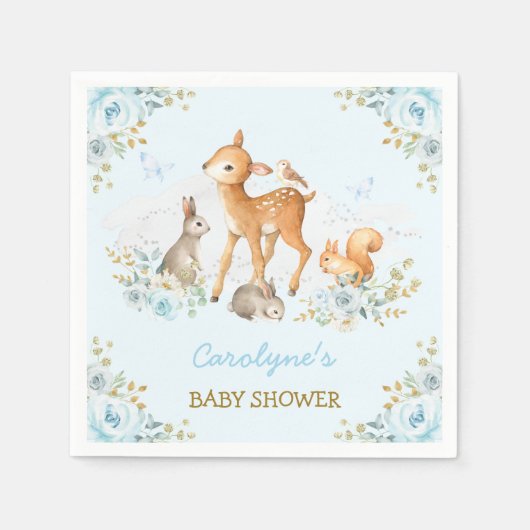 Serviette En Papier Pastel Blue Woodland Forêt Animaux Floral Douche (Devant)