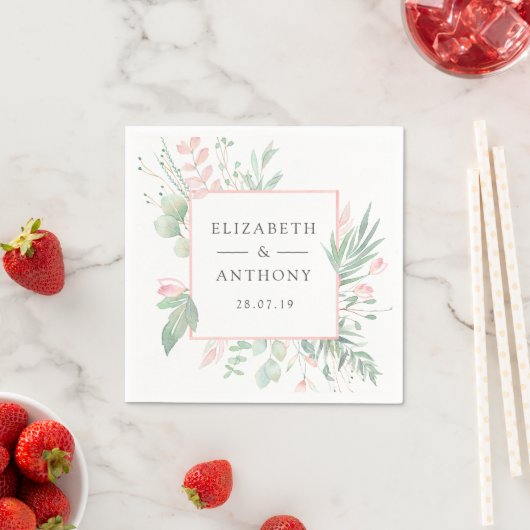 Serviette En Papier Pastel Blush rose et Mariage vert (En situation)