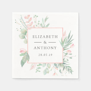 Serviette En Papier Pastel Blush rose et Mariage vert