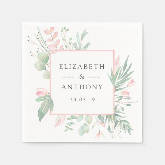 Serviette En Papier Pastel Blush rose et Mariage vert (Devant)