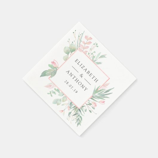 Serviette En Papier Pastel Blush rose et Mariage vert (Coin)