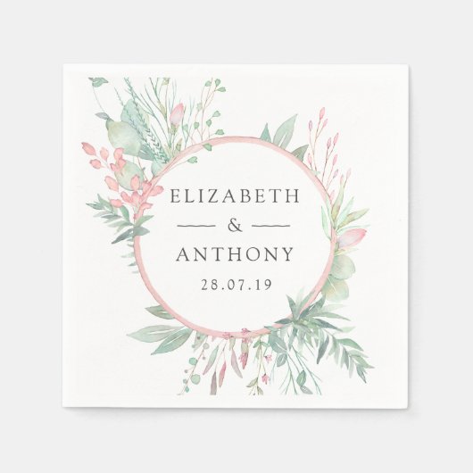 Serviette En Papier Pastel Blush rose et Mariage vert (Devant)