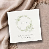 Serviette En Papier Pastel Dusky Green Floral Wreath Mariage Monogramm