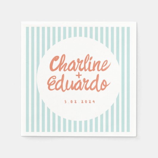 Serviette En Papier Pastel Écriture manuscrite Bleu Bande Retro Mariag (Devant)