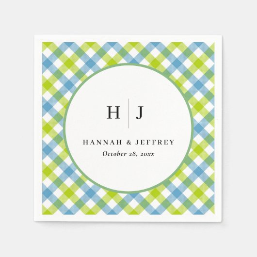 Serviette En Papier Pastel En vichy Mariage bleu vert (Devant)