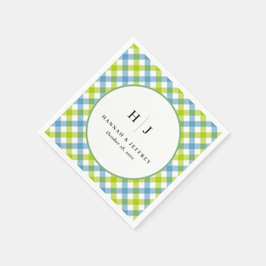 Serviette En Papier Pastel En vichy Mariage bleu vert (Coin)