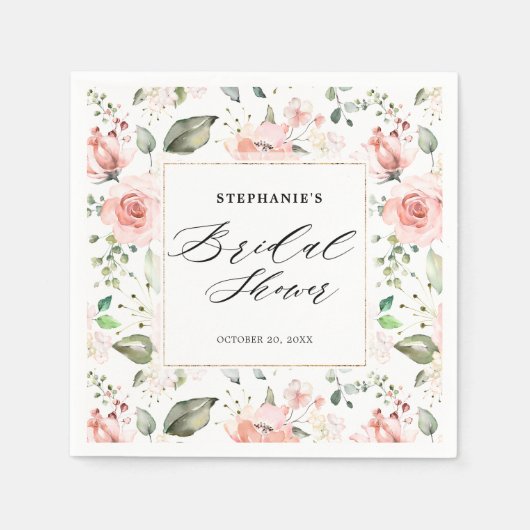 Serviette En Papier Pastel Pink Blush Rose Fête des mariées florale (Devant)
