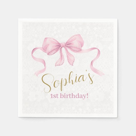 Serviette En Papier Pastel Pink Bow & Elegant Gold Script Anniversaire (Devant)