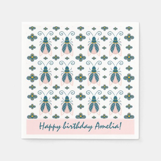Serviette En Papier Pastel Pink Bugs Flower Motif Anniversaire (Devant)