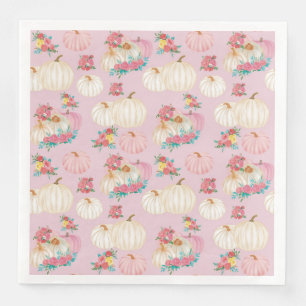 SERVIETTE EN PAPIER PASTEL PINK & WHITE FALL PUMPKINS & FLOWERS
