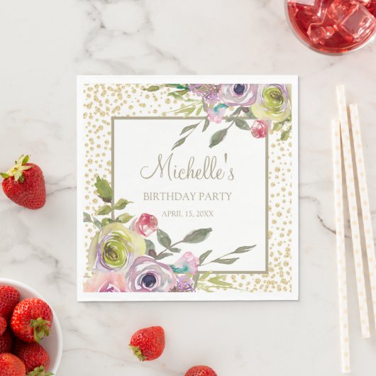 Serviette En Papier Pastel Purple Jaune Parties scintillant or Floral  (En situation)