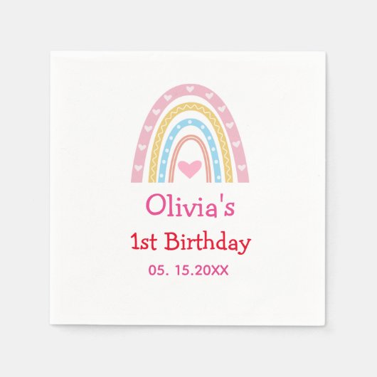 Serviette En Papier Pastel Rainbow avec le coeur Première fête d'anniv (Devant)