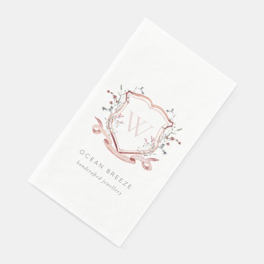 Serviette En Papier Pastel Rose Fleur sauvage Aquarelle Crest Monogram (Coin)