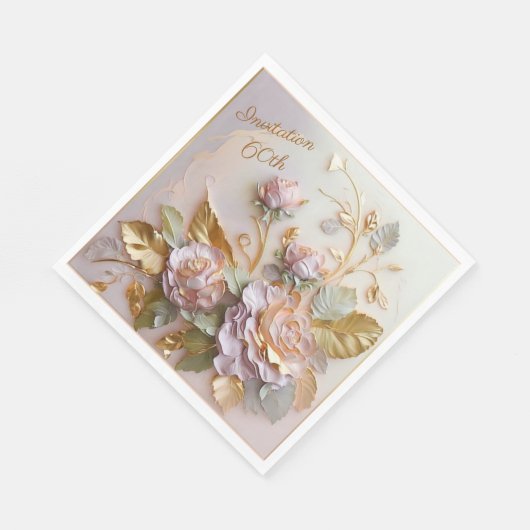 Serviette En Papier Pastel Rosegold Roses 60e Invitation (Coin)