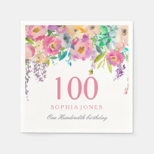 Serviette En Papier Pastel Watercolor Flowers 100e fête d'anniversaire