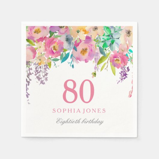 Serviette En Papier Pastel Watercolor Flowers 80e anniversaire (Devant)