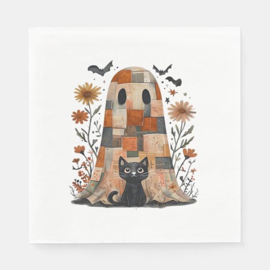 Serviette En Papier Patchwork Halloween Fantôme et chat, Retro Éffraya (Devant)