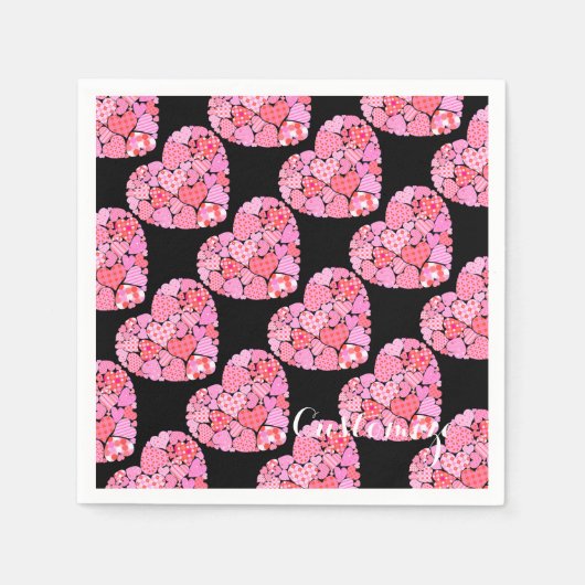 Serviette En Papier Patchwork Hearts Black Napkins (Devant)