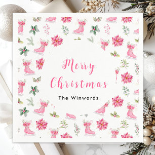 Serviette En Papier Patins à glace floraux de Noël rose Joyeux Noël