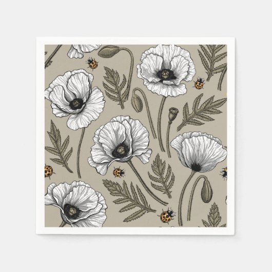 Serviette En Papier Pavot blanc et coccinelle (Devant)