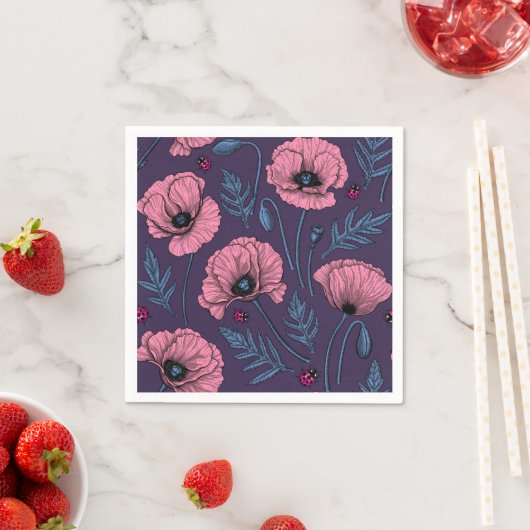 Serviette En Papier Pavot rose sur violet foncé (En situation)