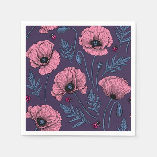 Serviette En Papier Pavot rose sur violet foncé (Devant)