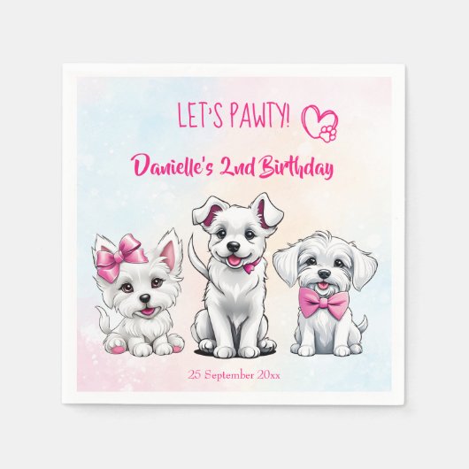 Serviette En Papier Pawty rose mignon chiots d'anniversaire imprimé (Devant)