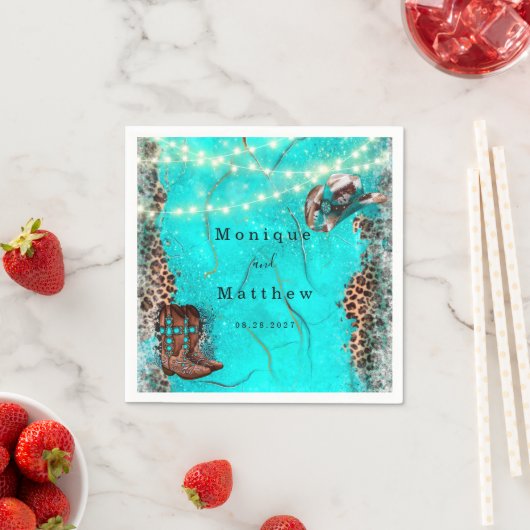 Serviette En Papier Pays Ouest Turquoise Lumières Leopard Mariage (En situation)