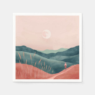 Serviette En Papier Paysage de montagne bohème sarcelle Lune rose