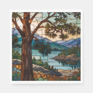 Serviette En Papier Paysage de montagne rustique vitrail