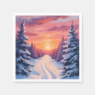 Serviette En Papier Paysage de pins hivernal au coucher du soleil Aq