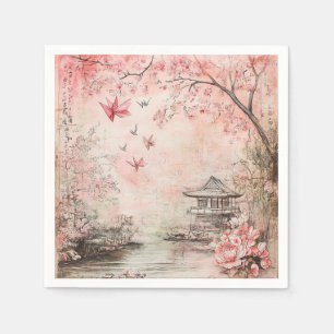 Serviette En Papier Paysage de sérénité aux cerisiers en fleurs roses