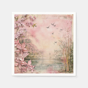 Serviette En Papier Paysage de sérénité aux cerisiers en fleurs roses