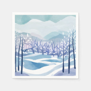 Serviette En Papier Paysage d'hiver enneigé bleu peinture à l'aquarell