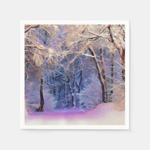 Serviette En Papier Paysage hivernal avec l'aquarelle des arbres neigé