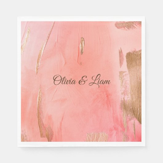 Serviette En Papier Peach Gold Rose Nom Brown Mariage élégant (Devant)