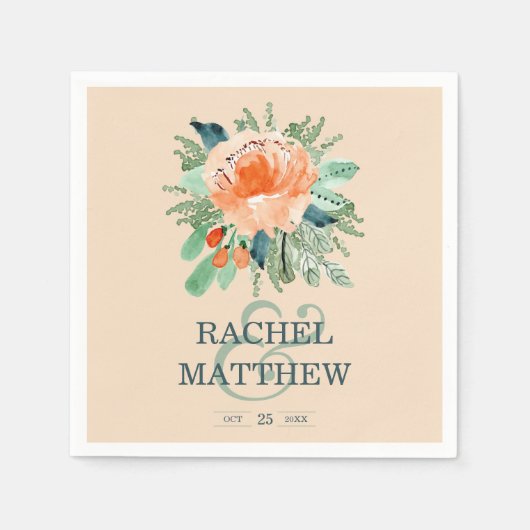Serviette En Papier Peach Jade Turquoise Floral Aquarelle Mariage (Devant)