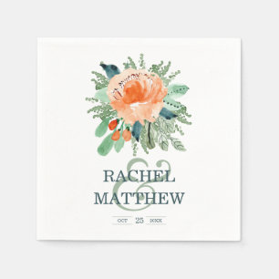 Serviette En Papier Peach Jade Turquoise Floral Aquarelle Mariage