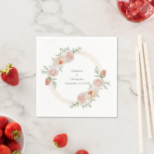 Serviette En Papier Peach Rose Rose Vert Floral Or Mariage Cadre Or