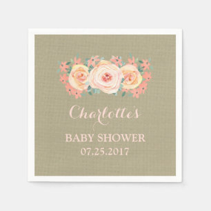 Serviette En Papier Peach Watercolor Floral Burlap Baby shower