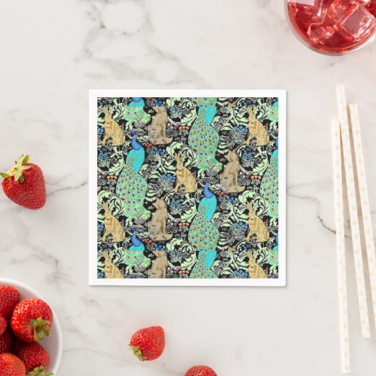 Serviette En Papier Peacock Art Nouveau Impression, Turquoise & Neutra (En situation)